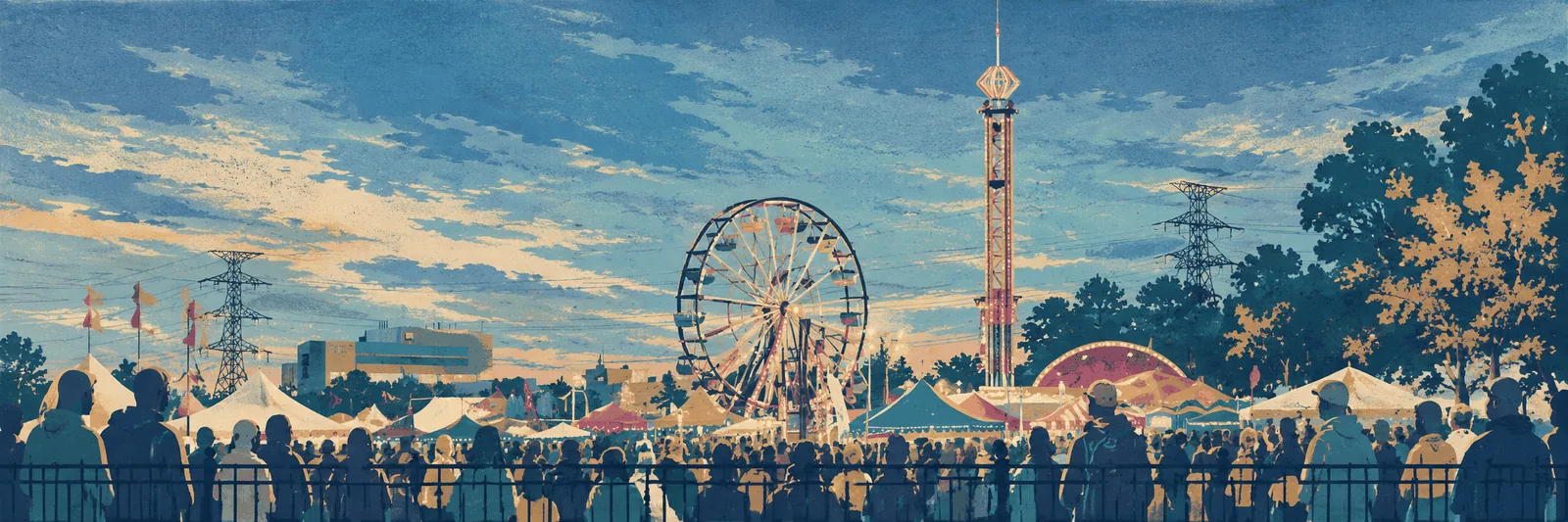 Evening carnival in Burlington — ferris wheel and rides above a crowd at dusk